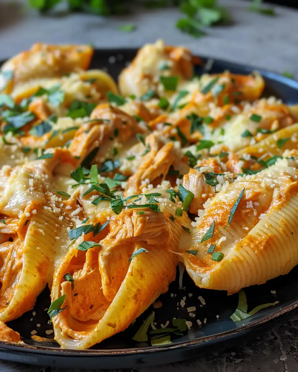 Creamy buffalo chicken macaroni noodles in pressure cooker steaming hot