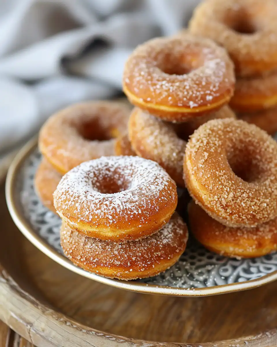 Gluten free apple cider donuts served on a rustic plate with a warm drink