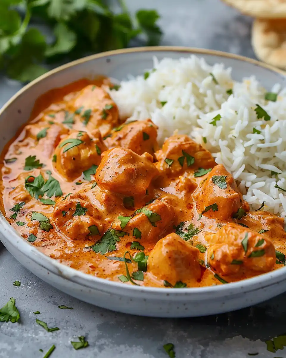 Final plated butter chicken with creamy sauce and butternut squash