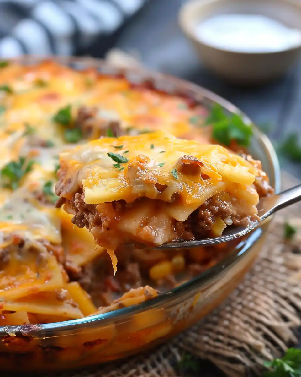 Completed Poor Man's Husband Casserole with melted cheddar cheese and layered noodles
