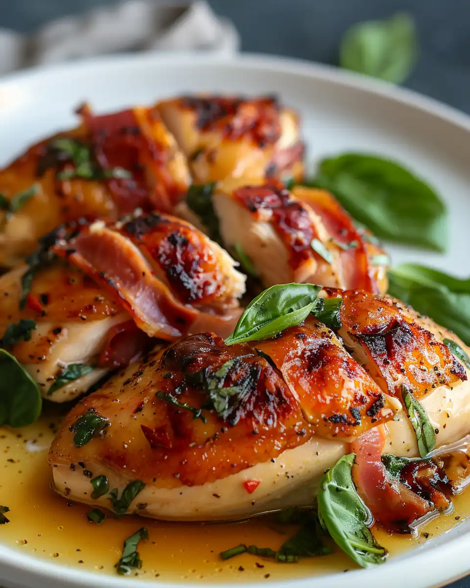Close-up of prosciutto and sage on chicken cutlets during prep