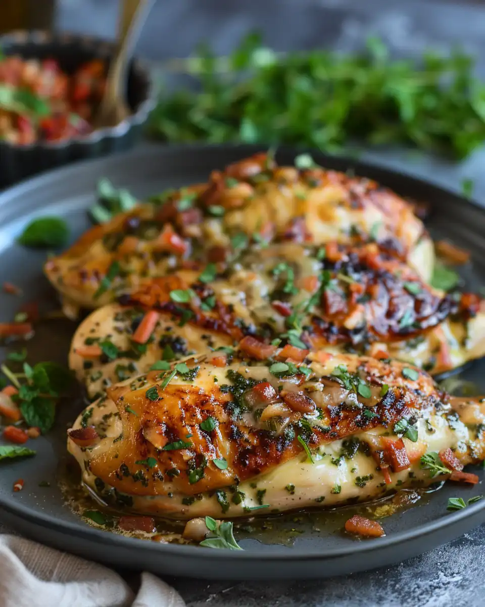Plated chicken Saltimbocca served with sauce and sage garnish