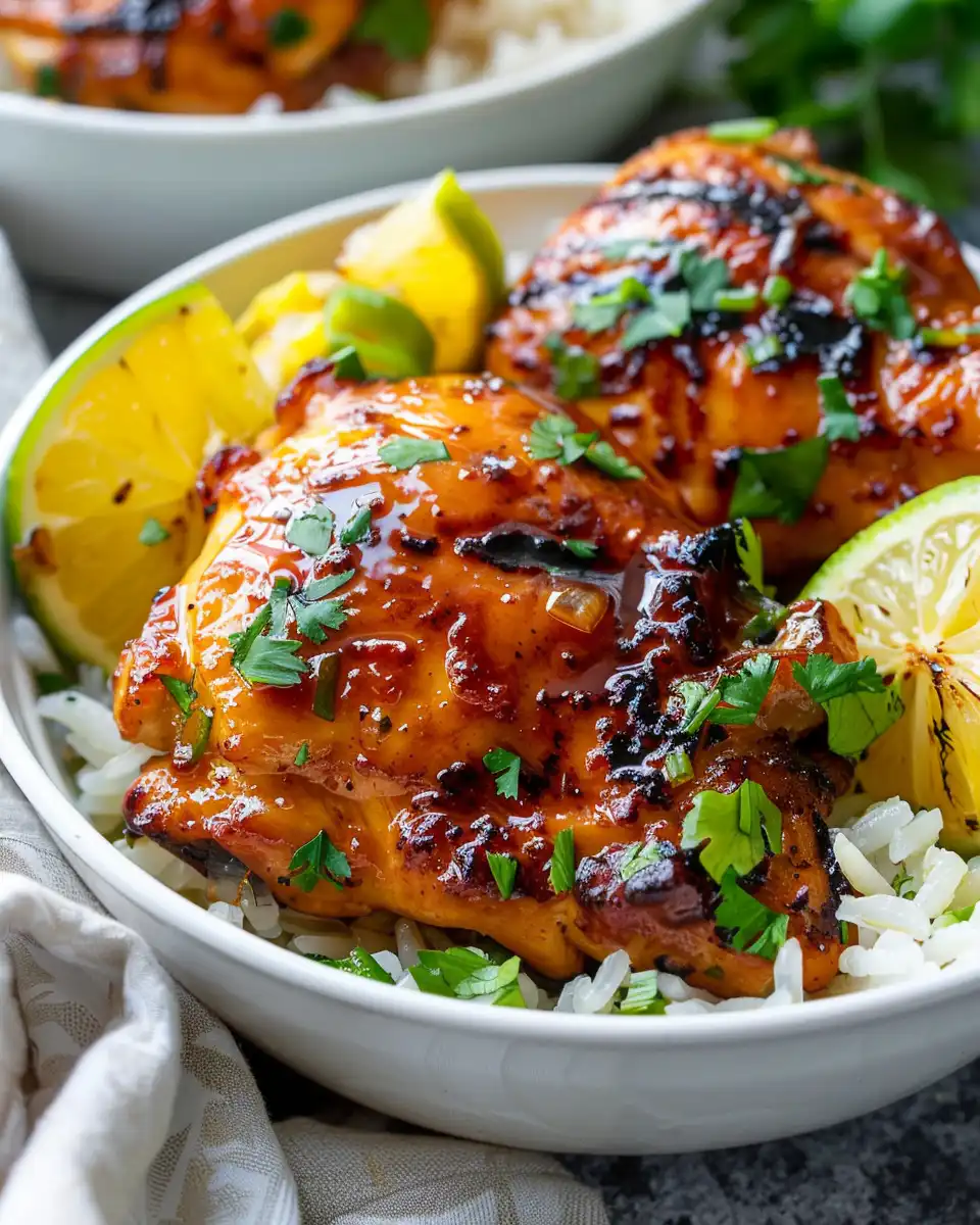 Served Hawaiian Huli Huli chicken glazed and ready to enjoy