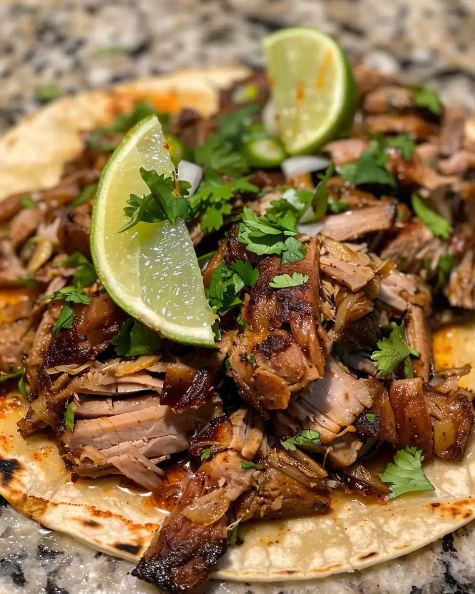 Final crispy pork carnitas served in tacos