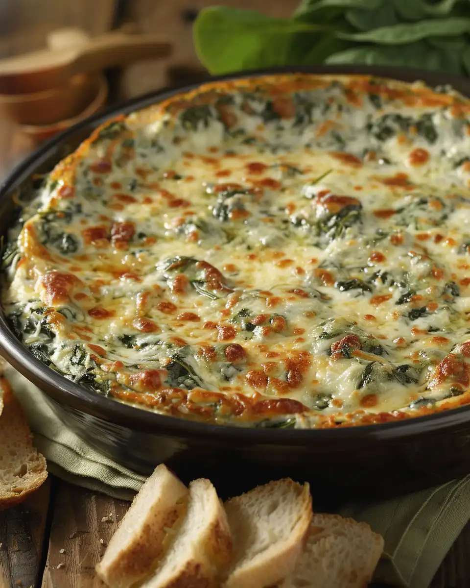 Chilled spinach dip served in hollowed rye bread bowl with dipping pieces