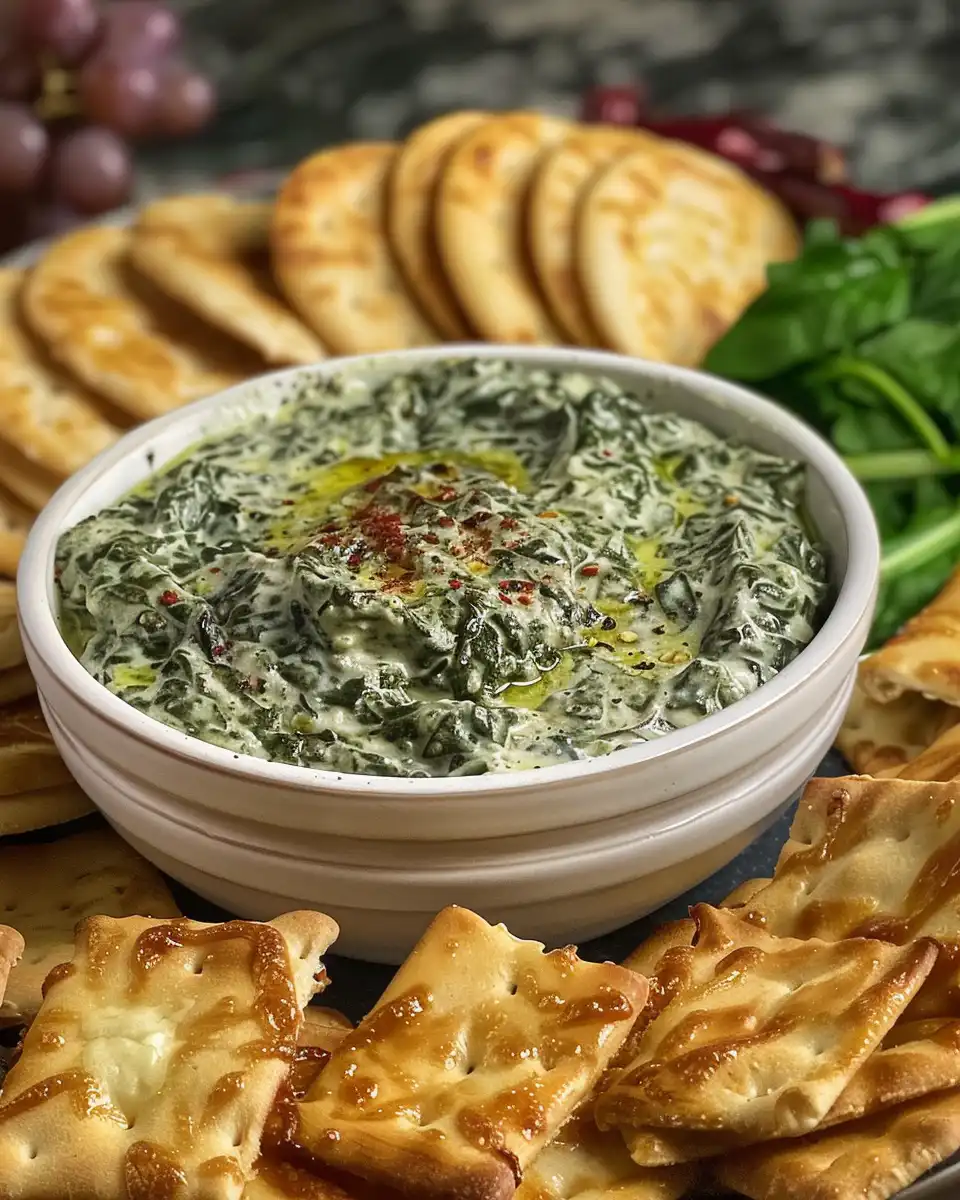 Close up of creamy pressure cooker spinach dip with fresh herbs in small bowl