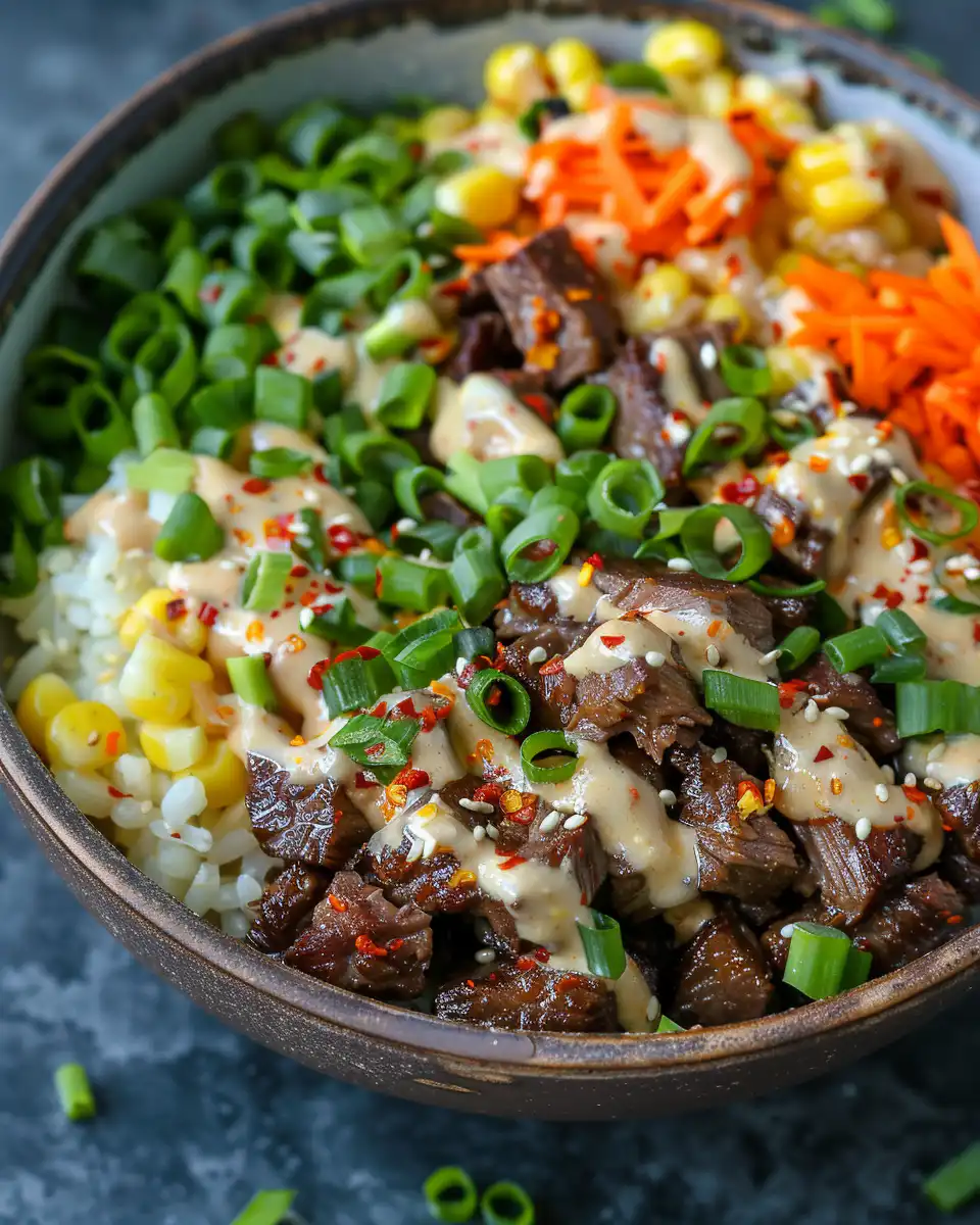 Close-up on fresh ingredients for Korean BBQ beef bowl showing garlic, ginger, and sauces