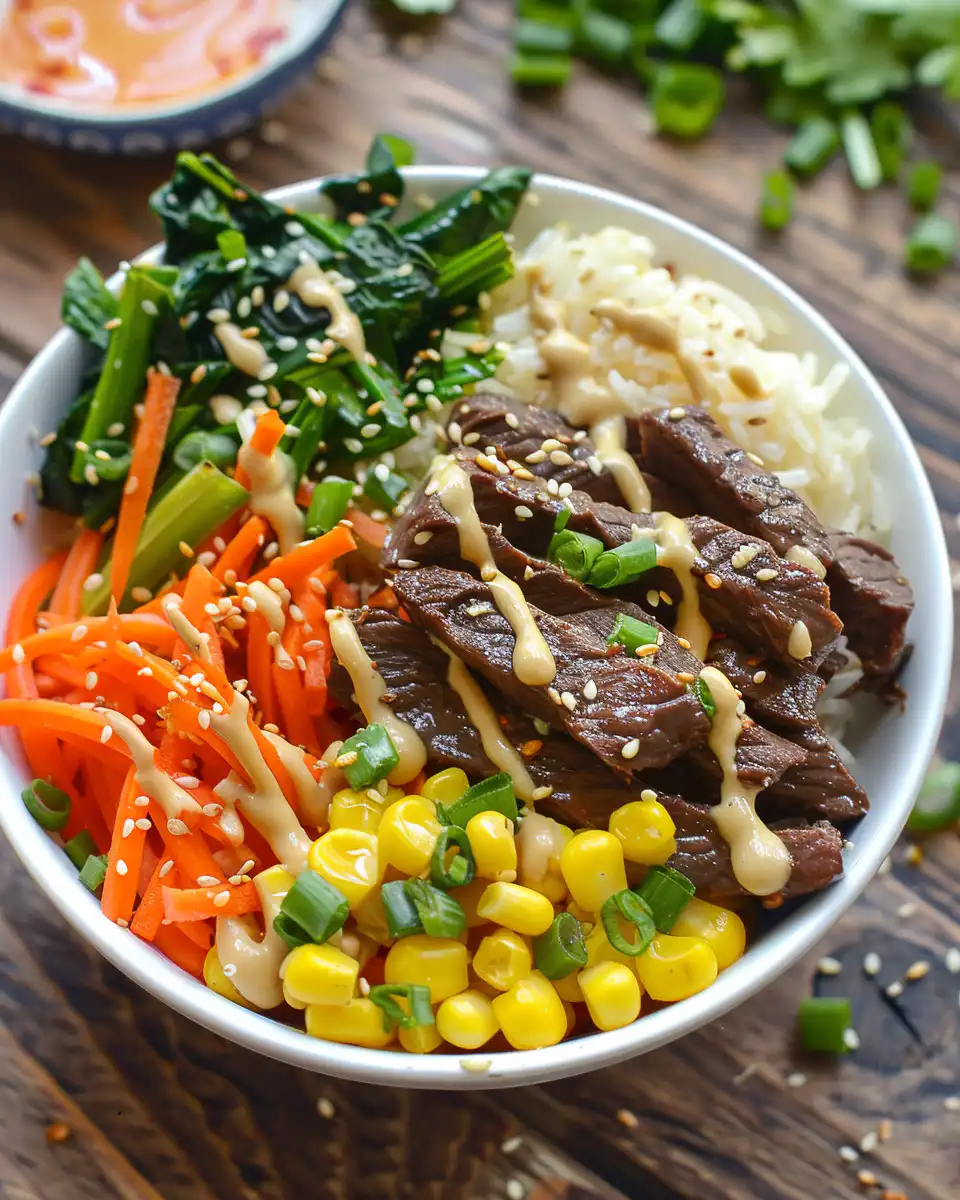 Finished Korean BBQ beef bowl garnished with green onions and sesame seeds ready to be enjoyed