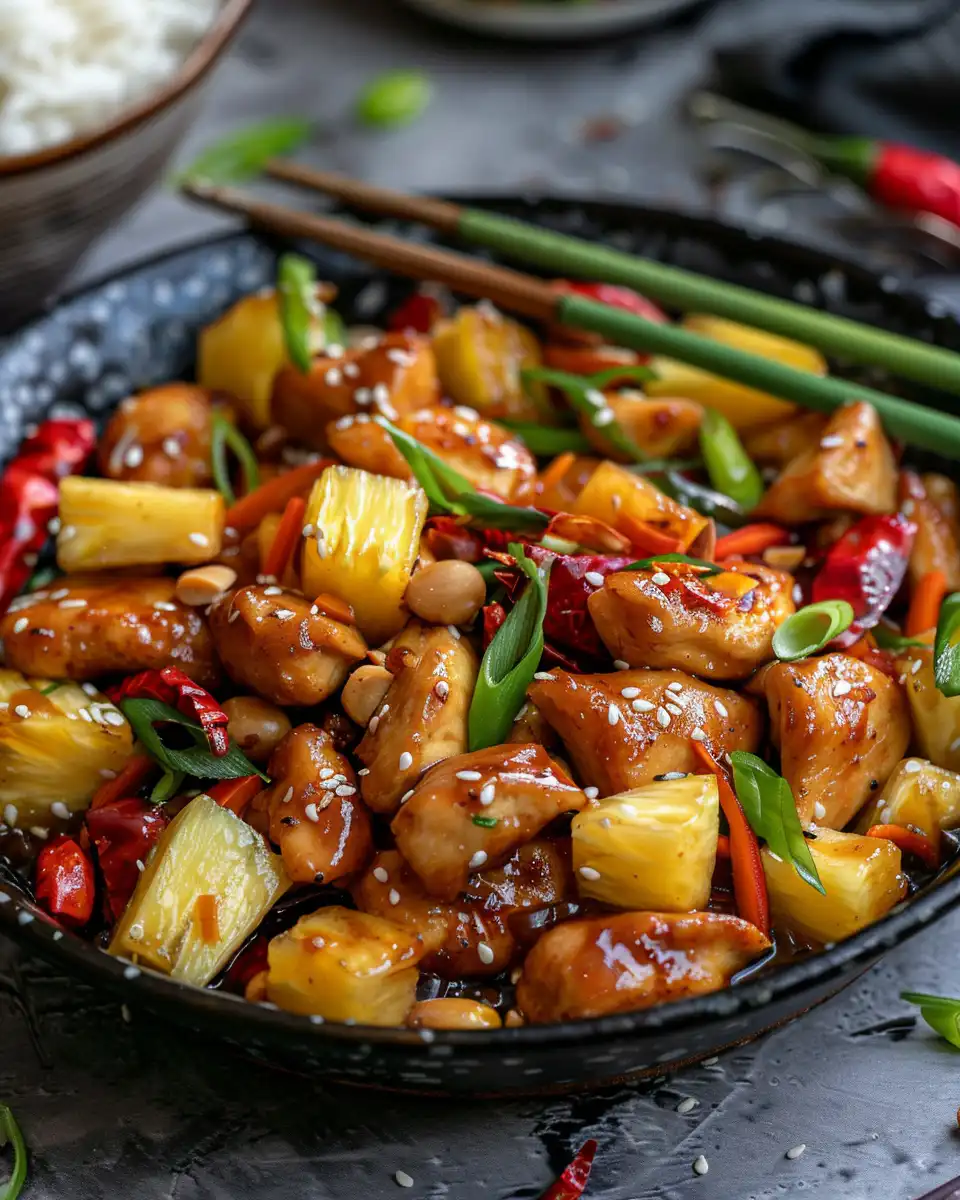 Ingredients and preparation details for kung pao pineapple chicken