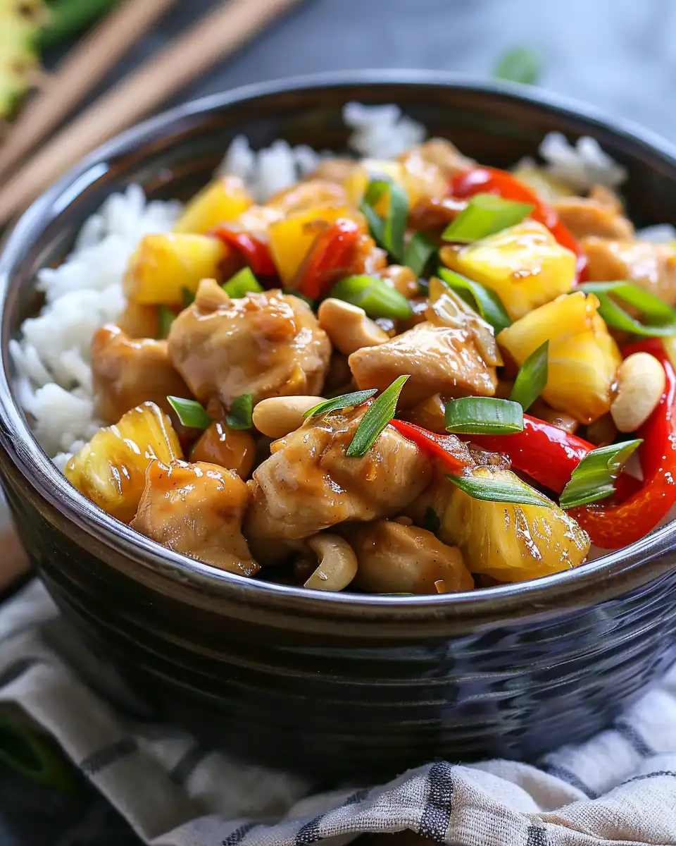 Plated kung pao pineapple chicken with rice and garnish served ready to eat