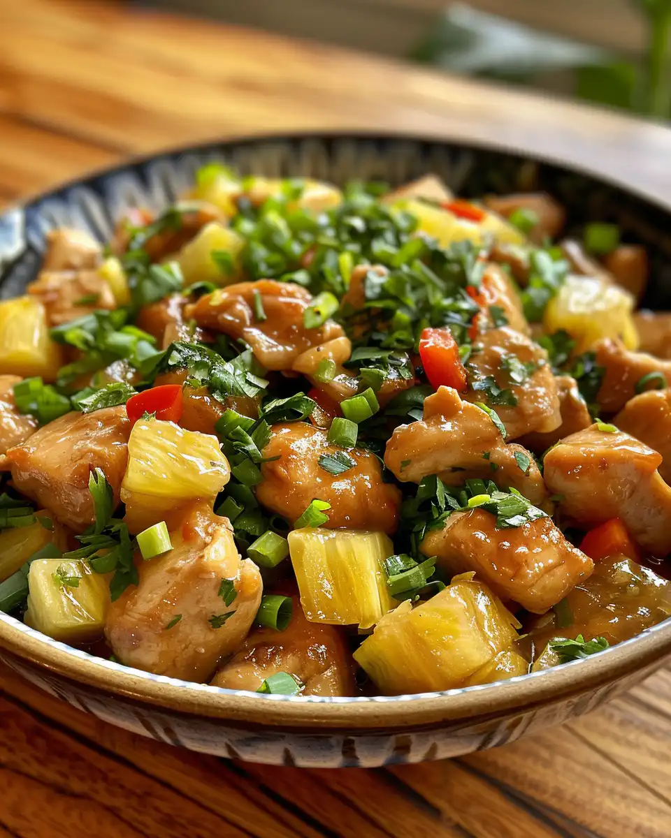 Close up of kung pao pineapple chicken cooking with steam and sizzling oil in pressure cooker