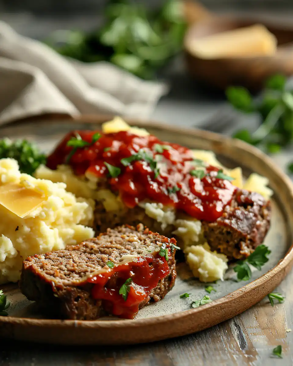 Close-up detailed view of meatloaf and mashed potato ingredients