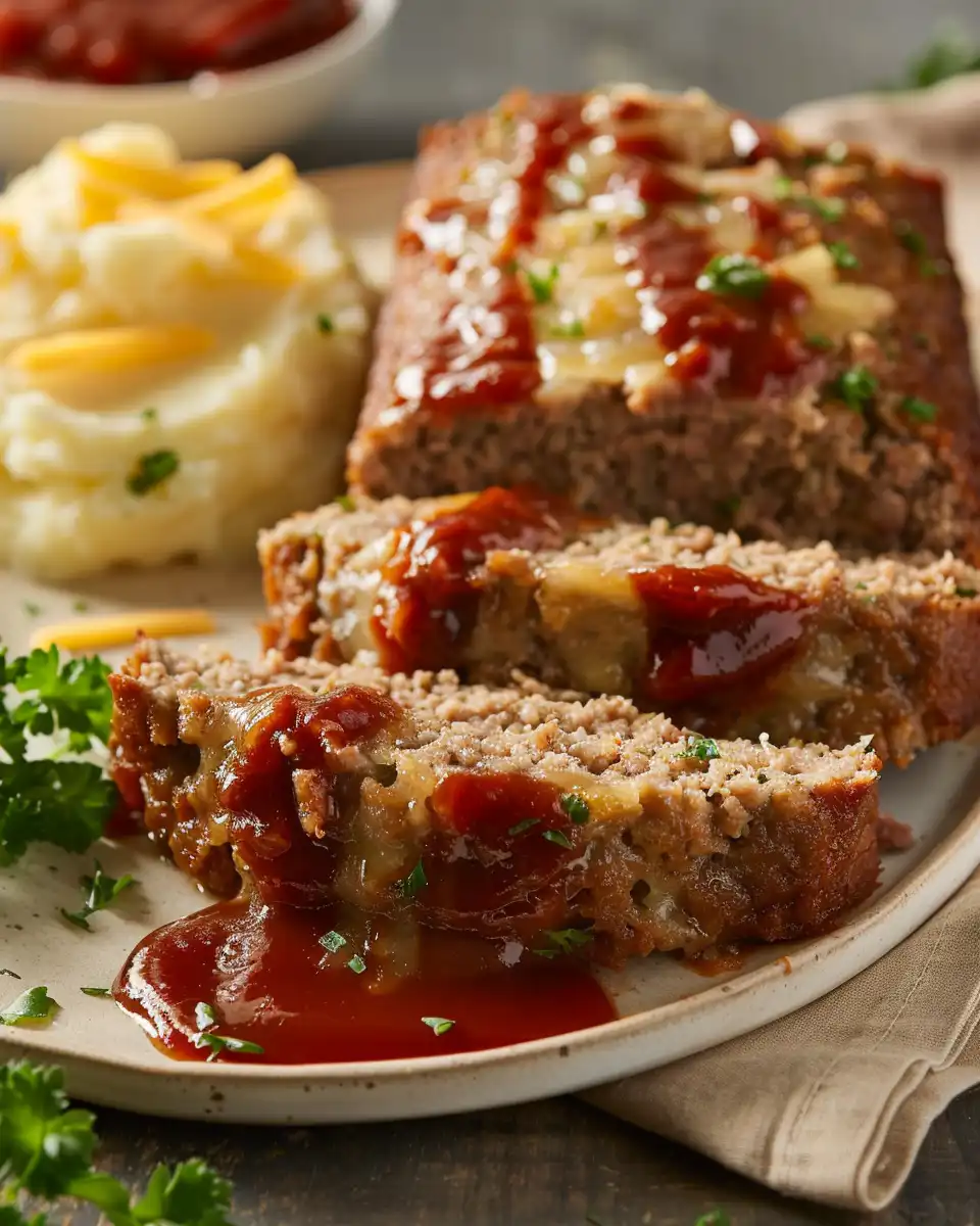 Finished sliced meatloaf with mashed potatoes and peas served