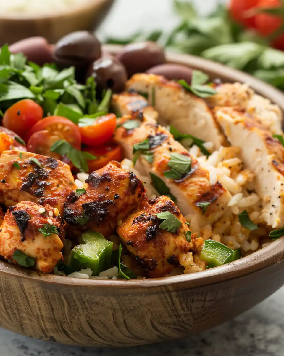 Close up of Mediterranean chicken and rice bowl ingredients and spices