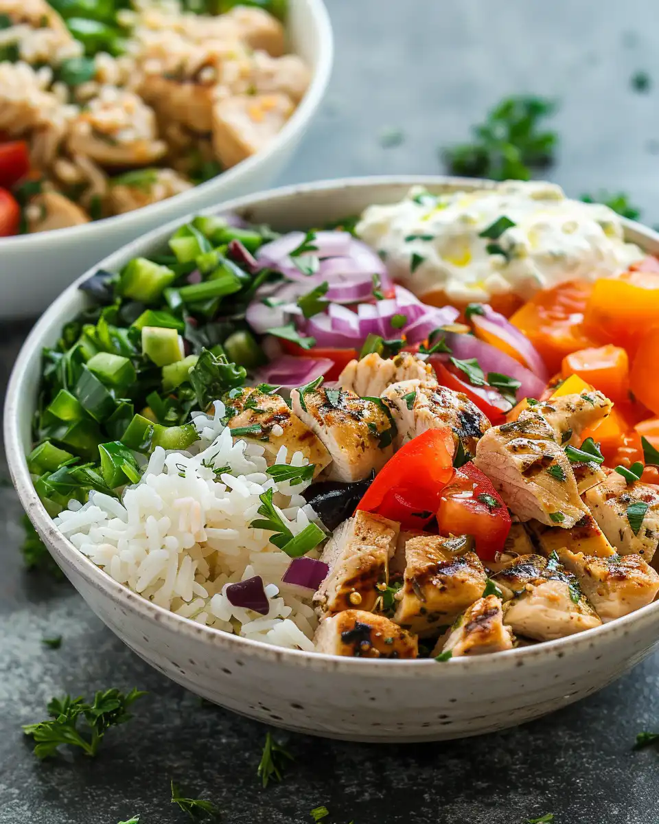 Final plated Mediterranean chicken and rice bowl served fresh and ready