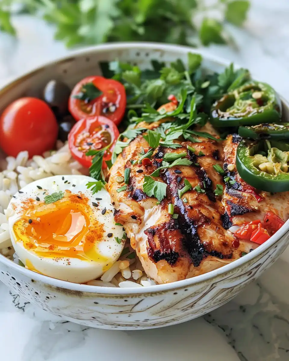 Mediterranean chicken and rice bowl freshly cooked, aromatic and inviting