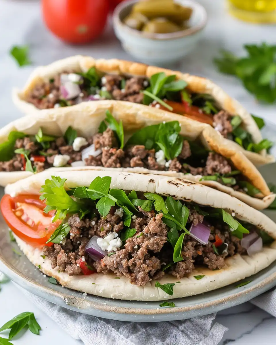 Close up of fresh ingredients for Mediterranean ground beef pita pockets