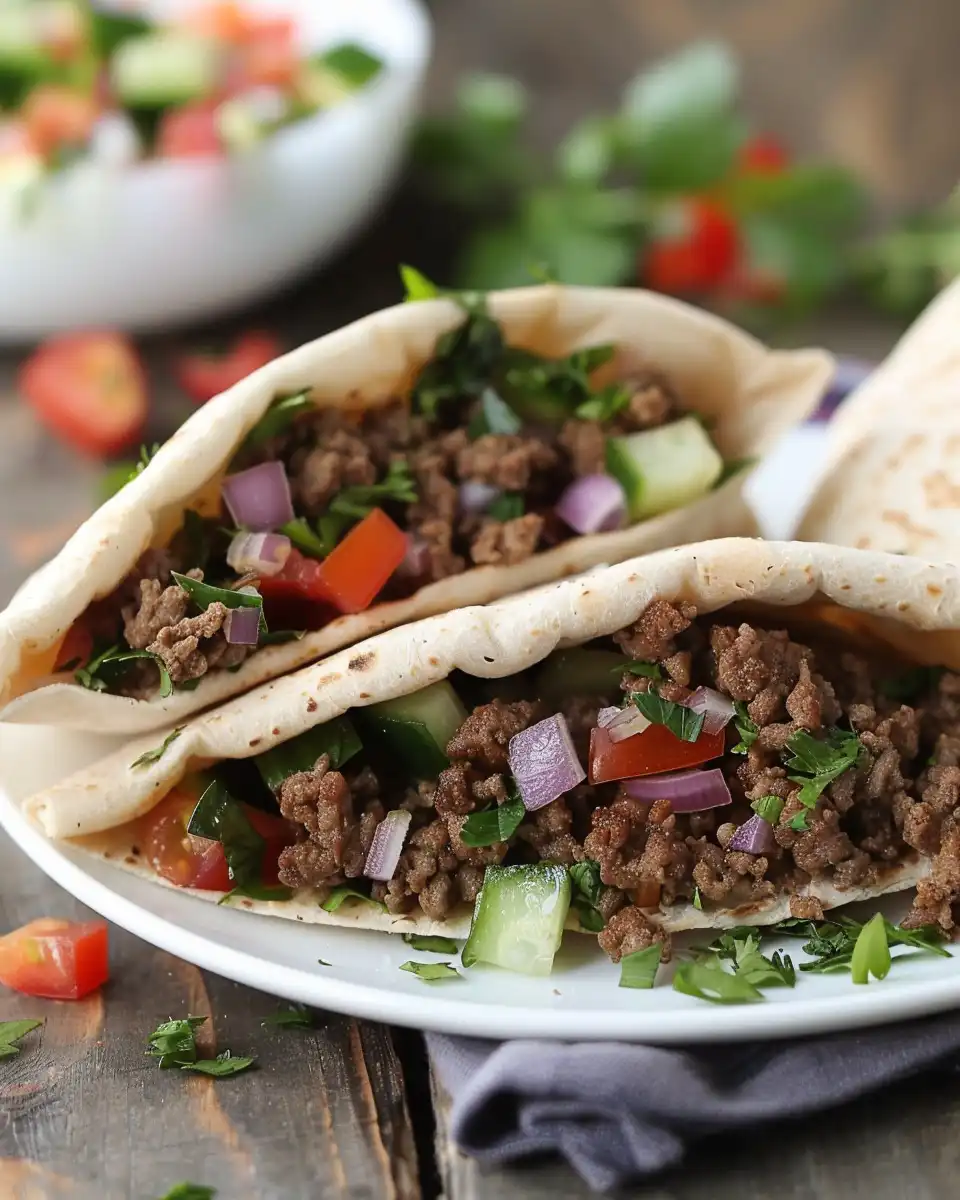 Plated Mediterranean ground beef pita pockets ready for serving
