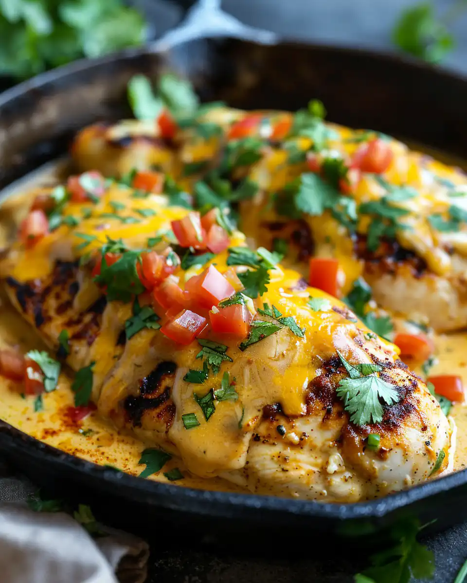 Final plated Mexican chicken with cheese sauce, ready to serve
