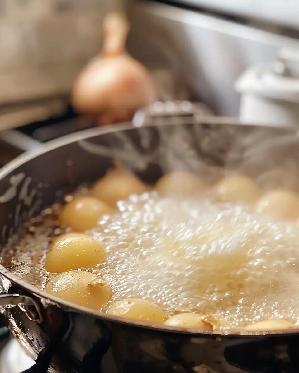 Steam rising from pressure cooker with onions inside