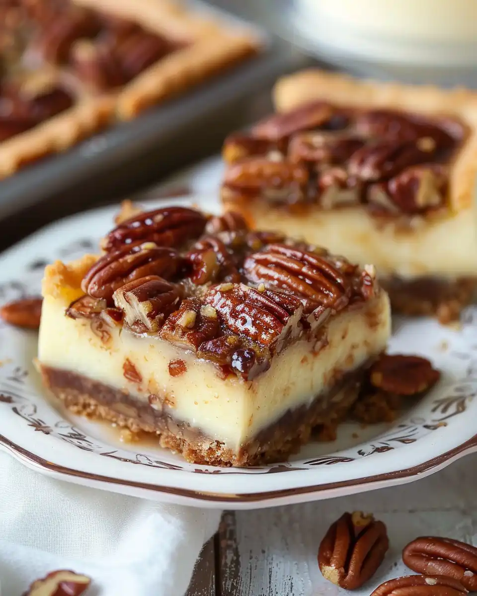 Finished pecan pie cheesecake bars chilled and sliced
