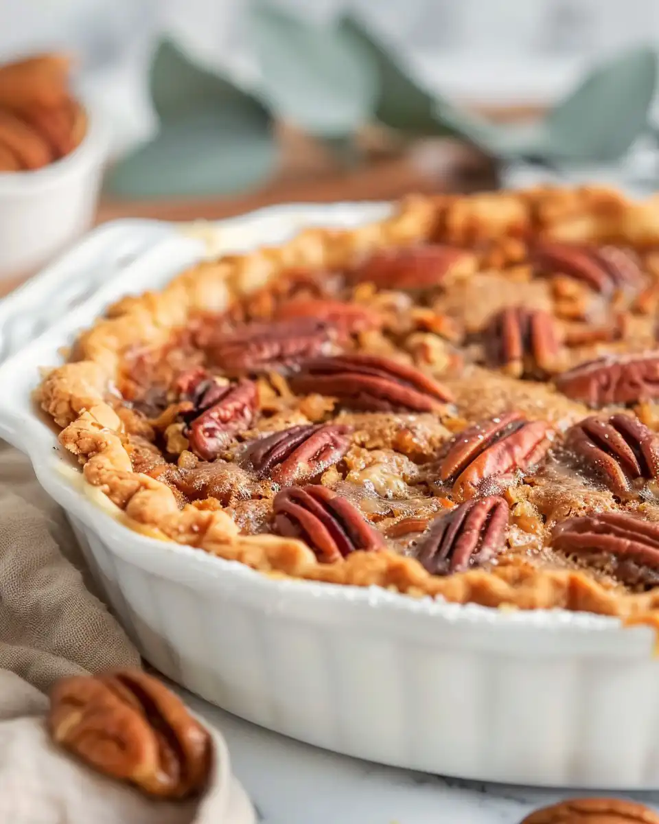 Close-up detail of chopped pecans and pie filling in preparation