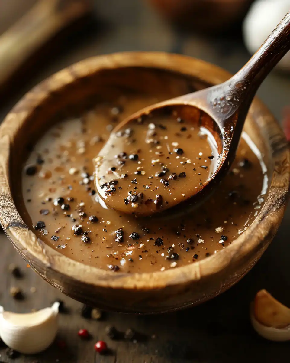 Crushed black peppercorns and ingredients for peppercorn sauce