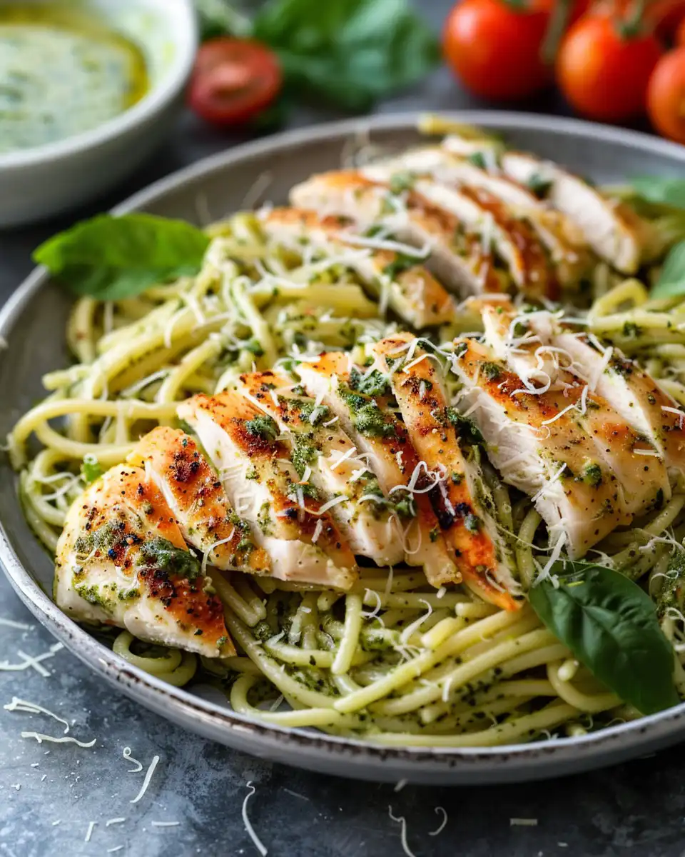Plated baked chicken pesto parmesan with melted cheese and herbs on top