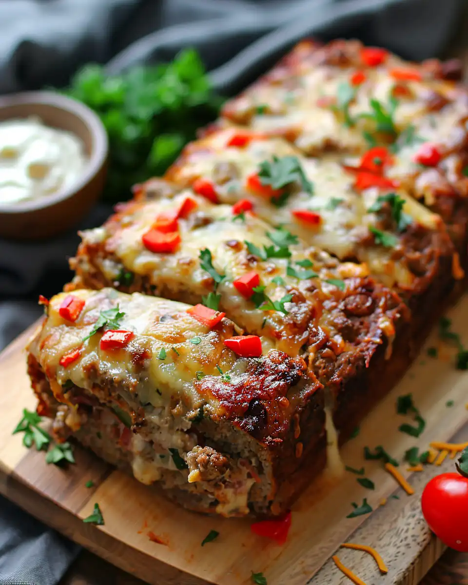 Finished Philly cheesesteak meatloaf sliced ready to serve