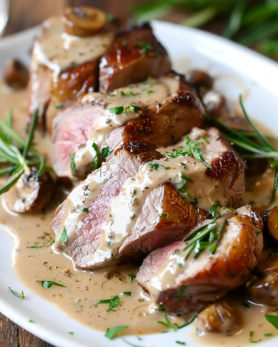 Sliced pork tenderloin medallions topped with creamy Dijon mustard sauce