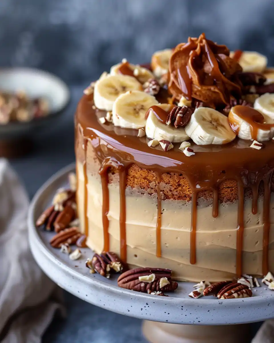 Close-up image showing key ingredients of salted caramel banana cake