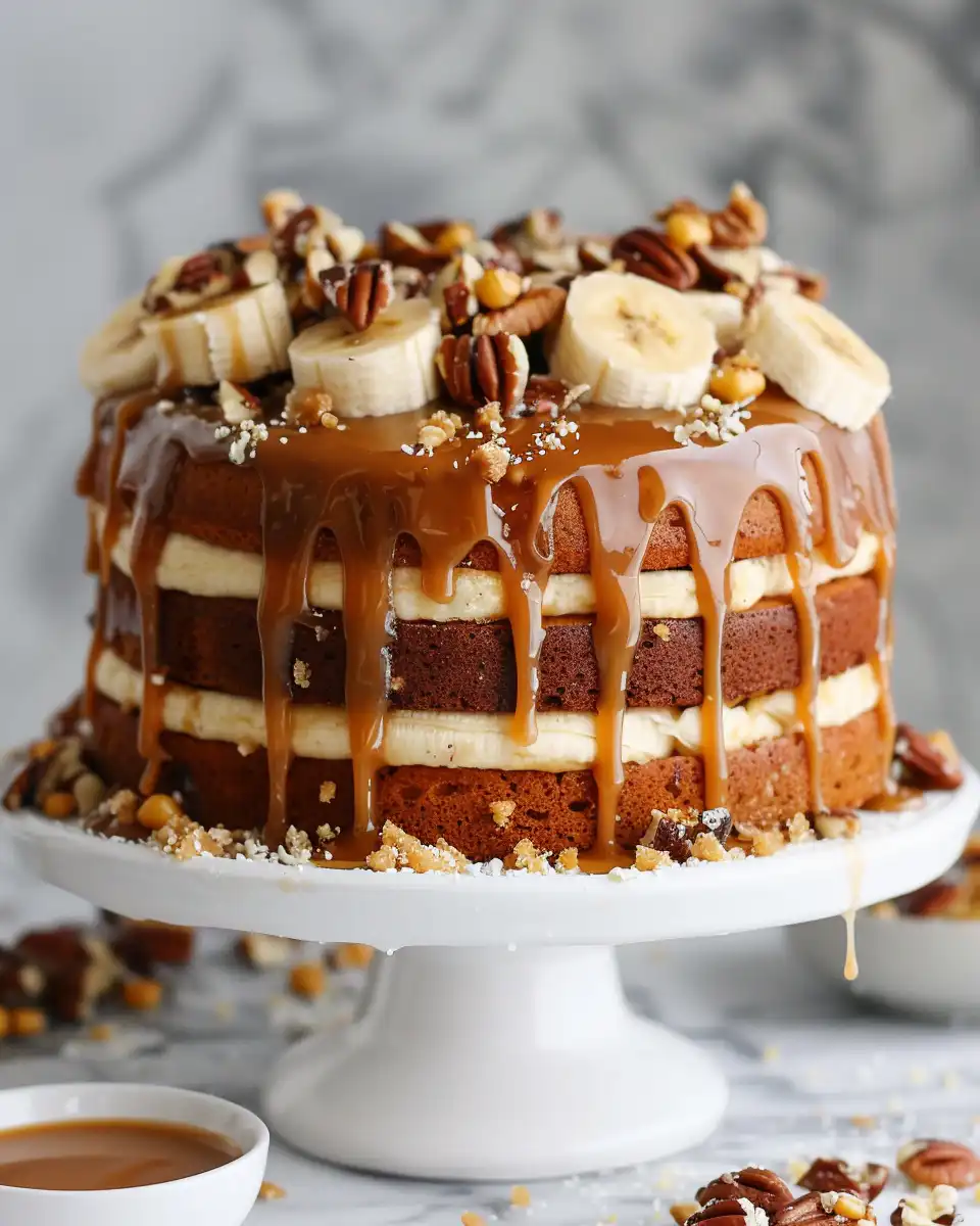 Finished salted caramel banana cake with cream cheese frosting ready to serve