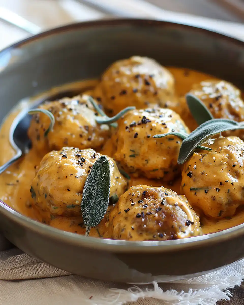 Final plated dish of pumpkin chicken meatballs with crispy sage and scallions