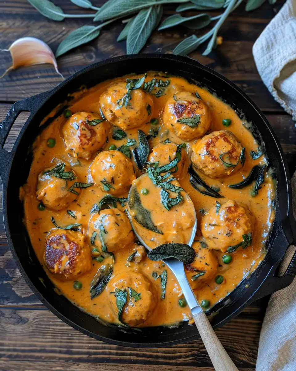 Cozy pumpkin chicken meatballs in sage cream sauce fresh from pressure cooker