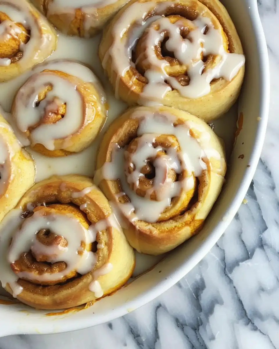 A plate of finished pumpkin cinnamon rolls with cream cheese glaze