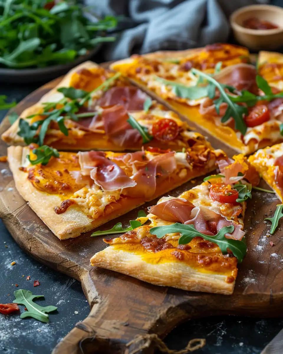 Close-up of ingredients and details for pumpkin pizza crust with arugula and prosciutto