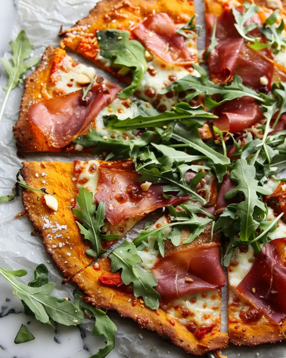 Finished pumpkin pizza crust with melted mozzarella, arugula and prosciutto served on a plate