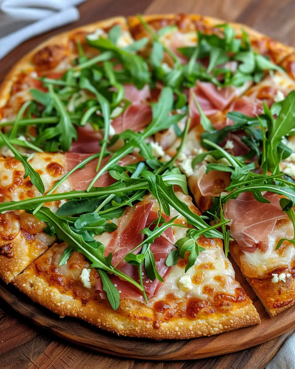 Pumpkin pizza crust topped with fresh arugula and prosciutto ready to enjoy