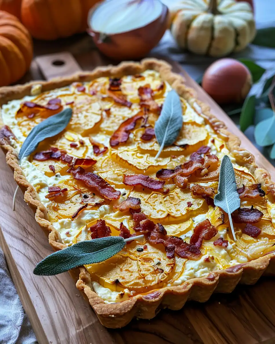 Ingredients prepared for pumpkin ricotta tart with caramelized onions and bacon