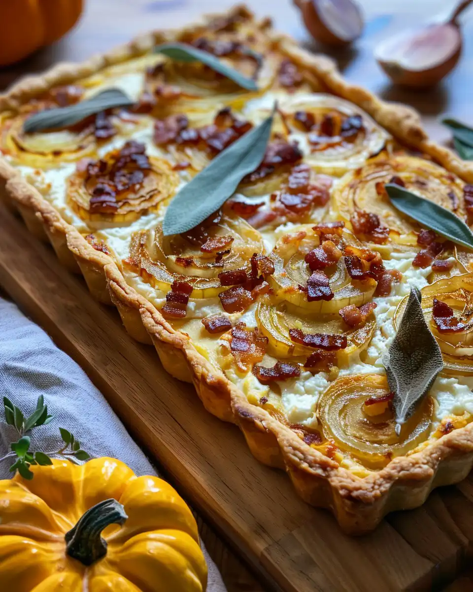 Final plated pumpkin ricotta caramelized onion tart with crispy bacon and fresh sage