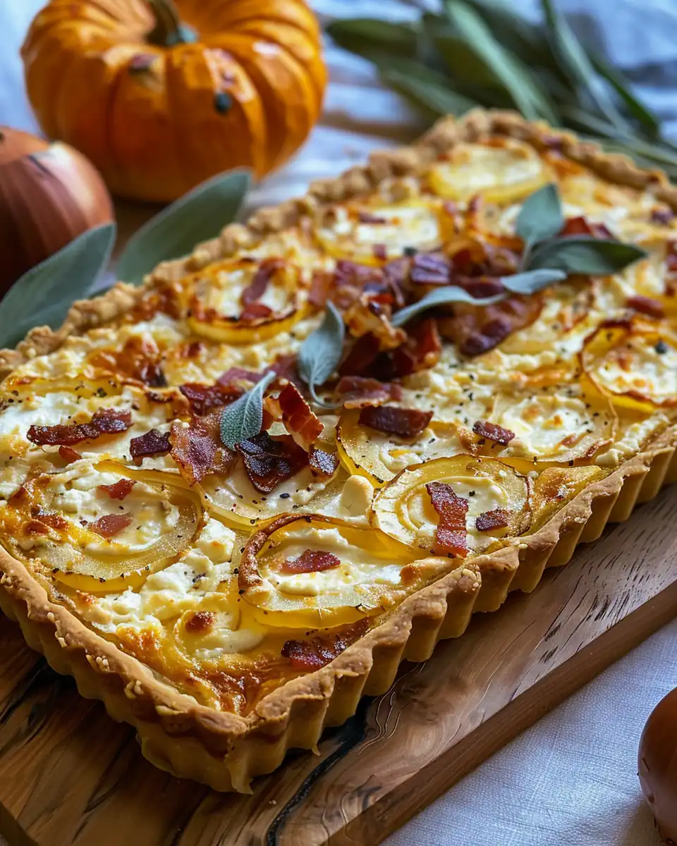 Pumpkin ricotta caramelized onion tart with bacon and sage fresh preparation