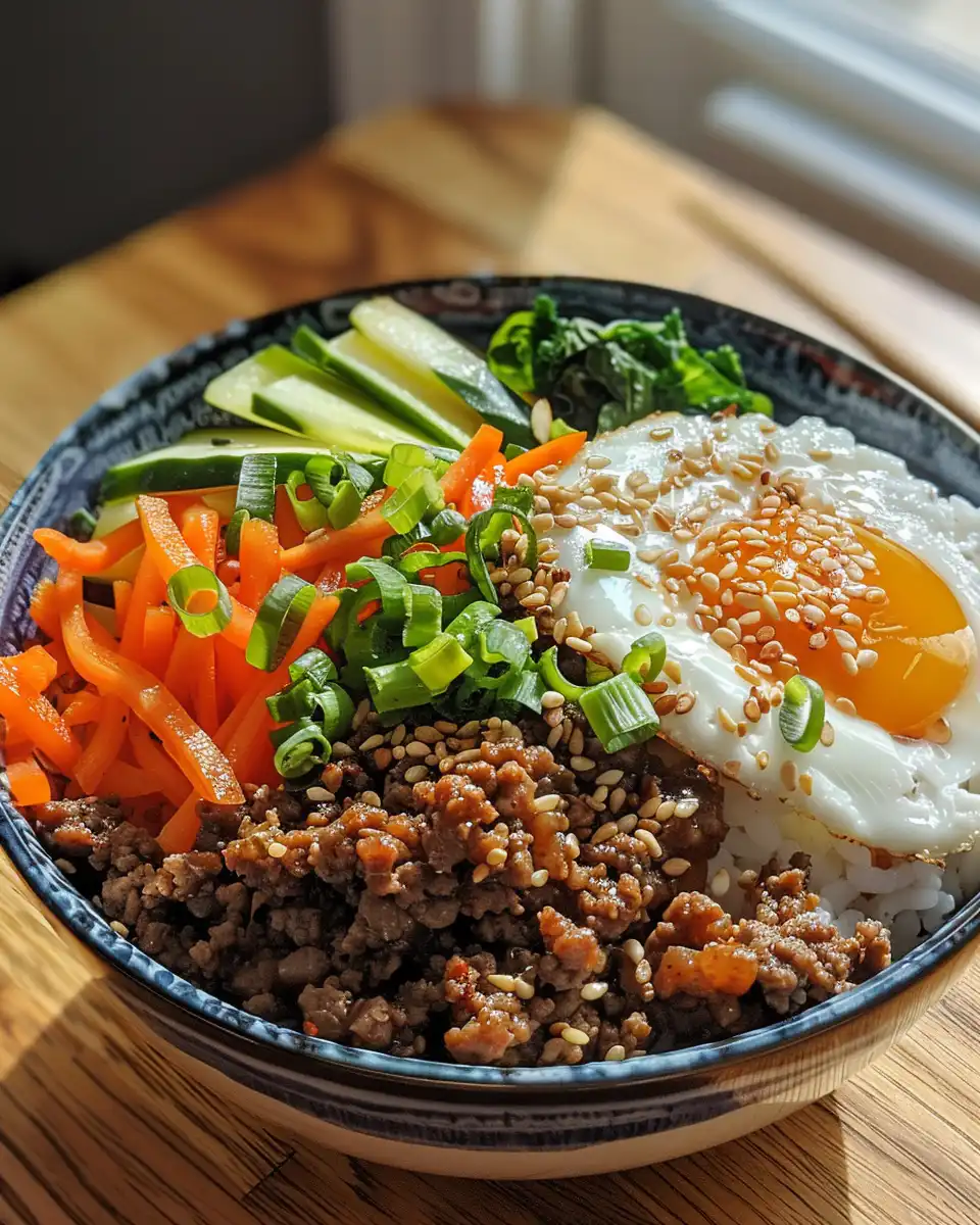 Finished Korean ground beef bowl served with green onions and sesame seeds