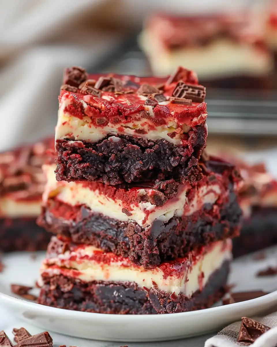 Sliced red velvet cheesecake brownies showcasing creamy swirl and tender texture