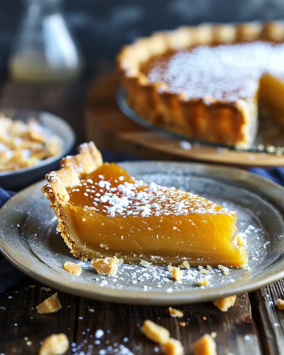 Close up of salted honey pie filling details with flaky crust and honey shine