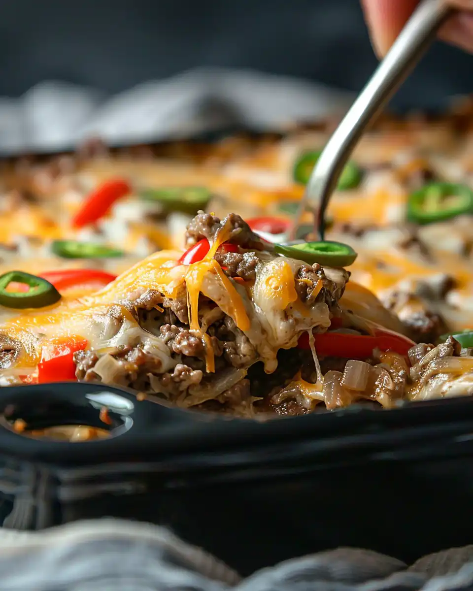Close up of ingredients including bell peppers and cream cheese for low carb Philly cheesesteak casserole