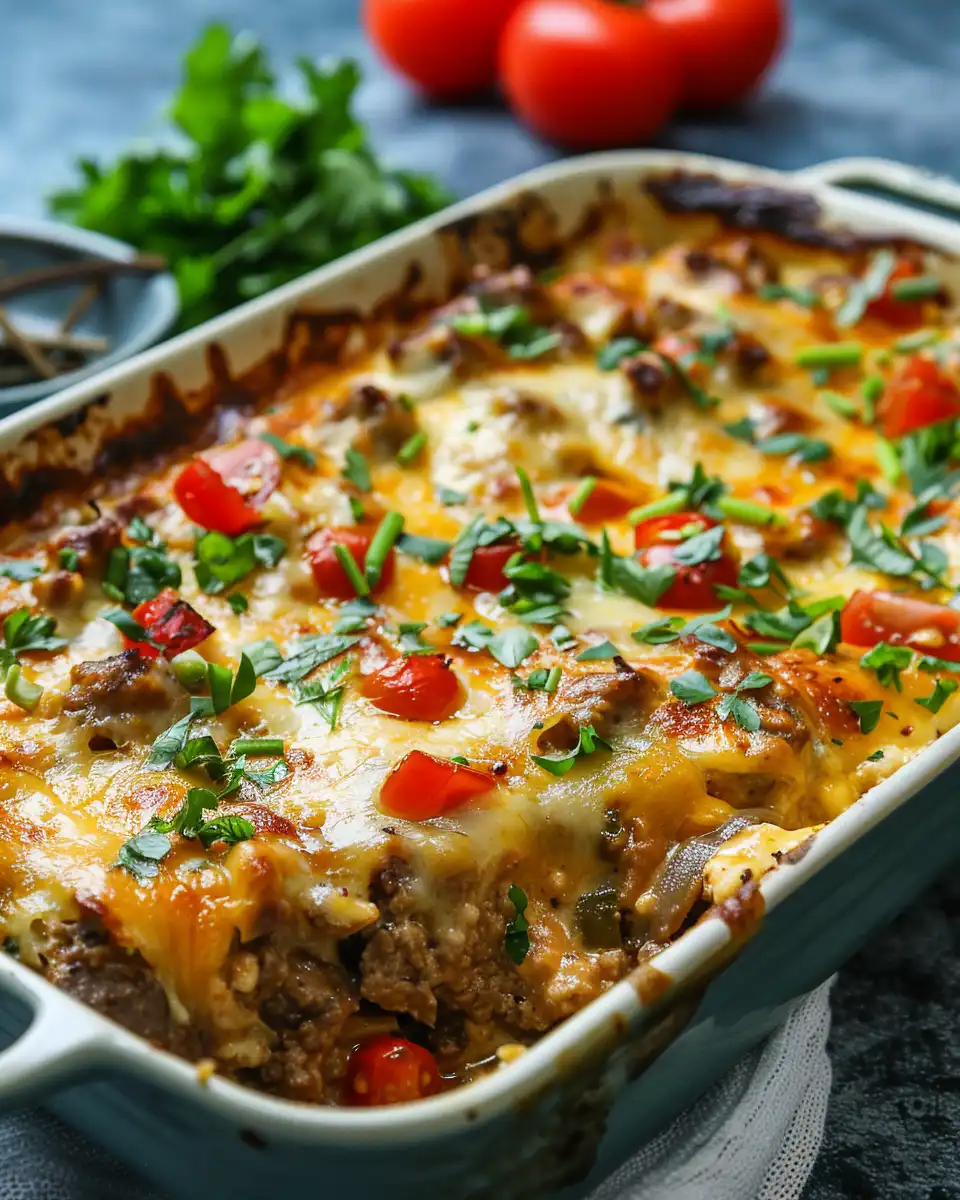 Golden baked low carb Philly cheesesteak casserole showing melted cheese and beef filling