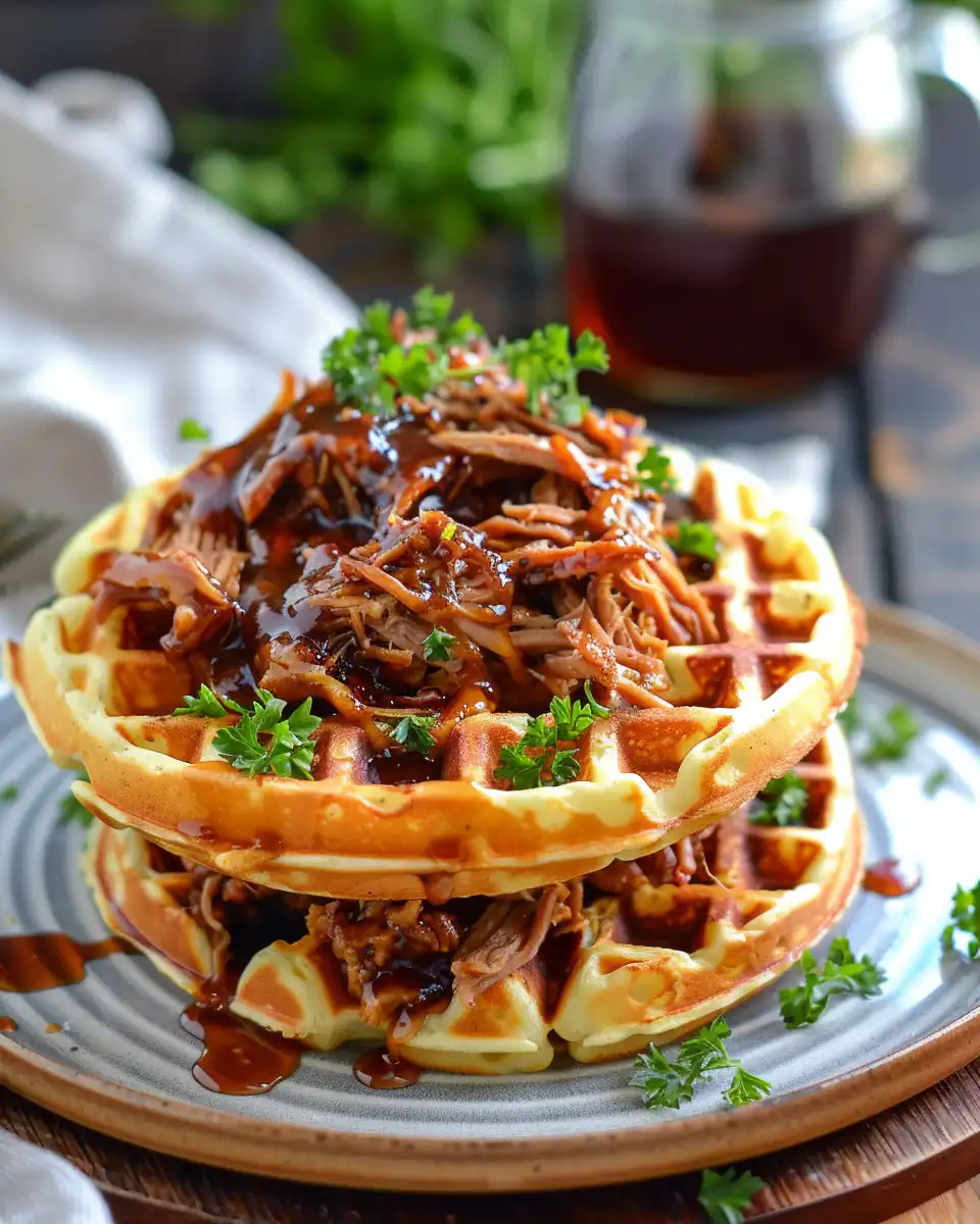 Pulled pork piled on waffles topped with pineapple slaw ready to serve