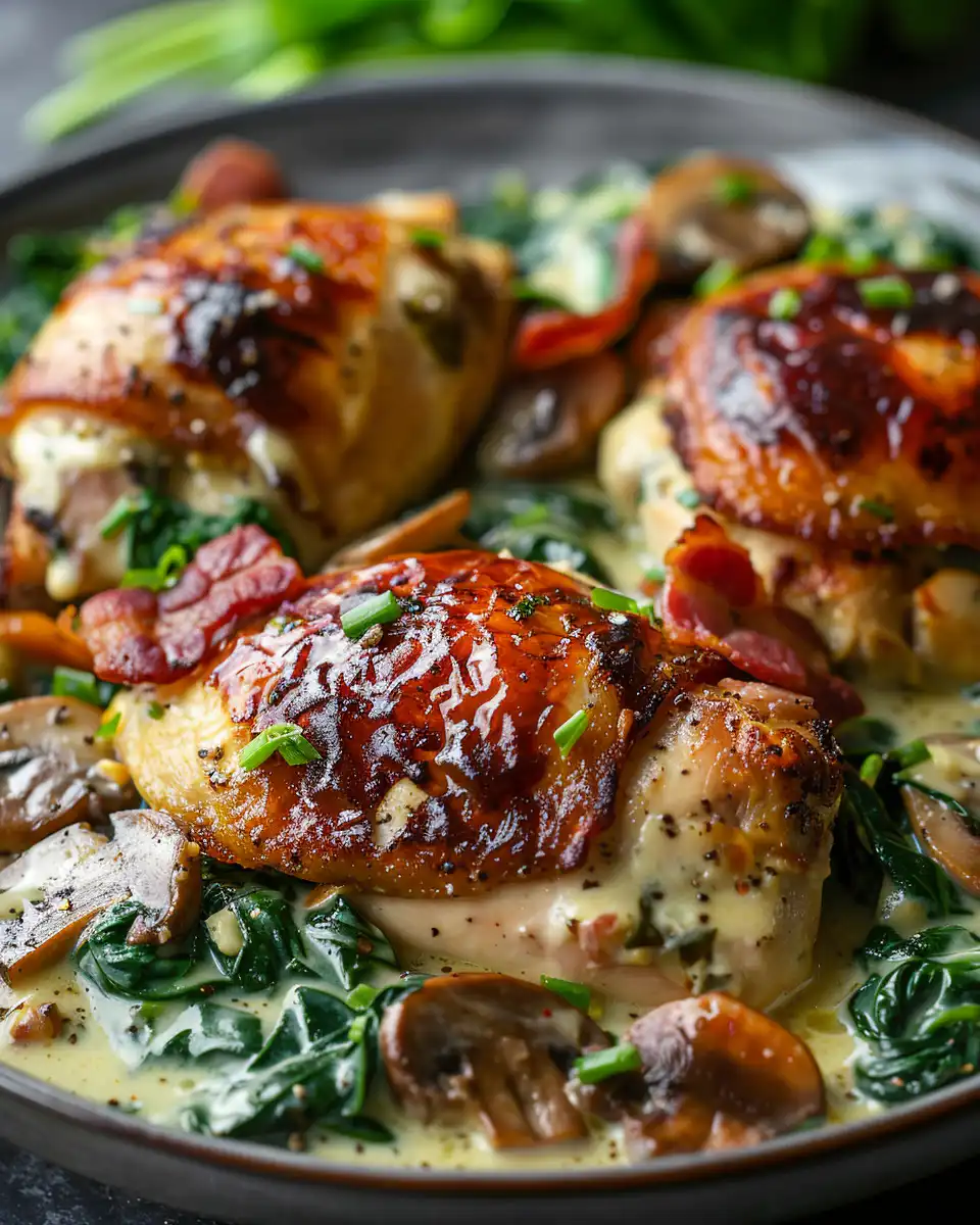 Close-up of creamed spinach, bacon, and mushrooms mixture for smothered chicken
