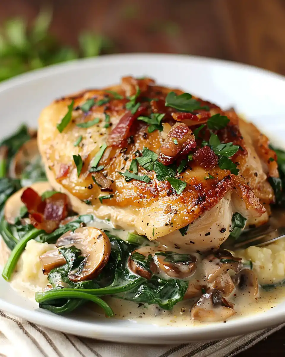 Final plated smothered chicken with creamed spinach, bacon, and mushrooms