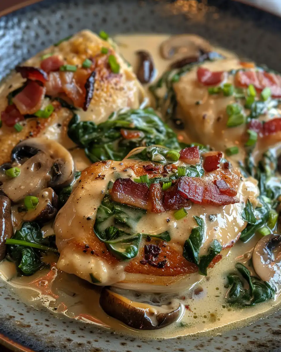 Smothered chicken with creamed spinach, bacon, and mushrooms in pressure cooker